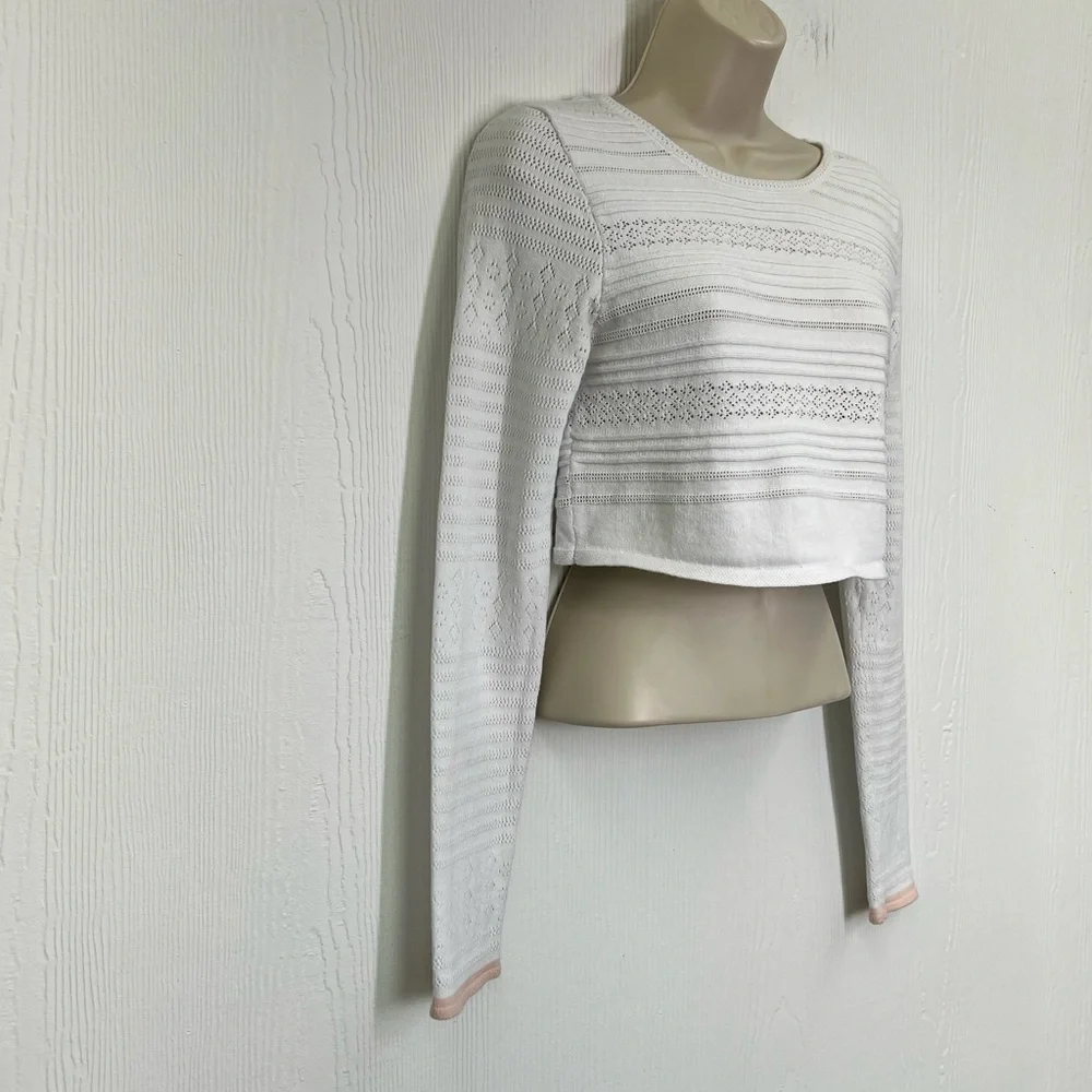 Free People - White Open Fun Design Long Sleeve Trimmed Pink Crop Top Medium